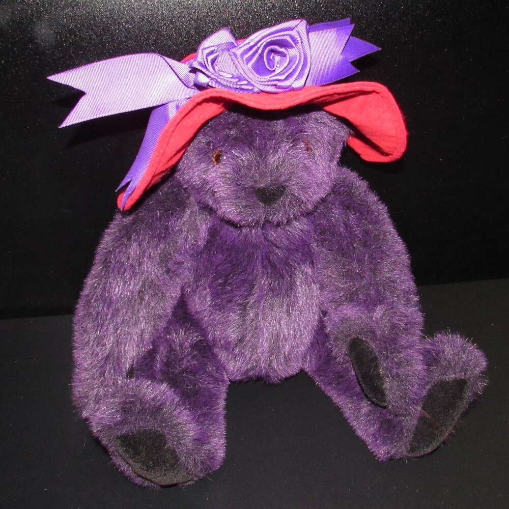 Vermont Teddy Bear Authentic 16” Jointed Deep Purple Velvet Red Hat Bear